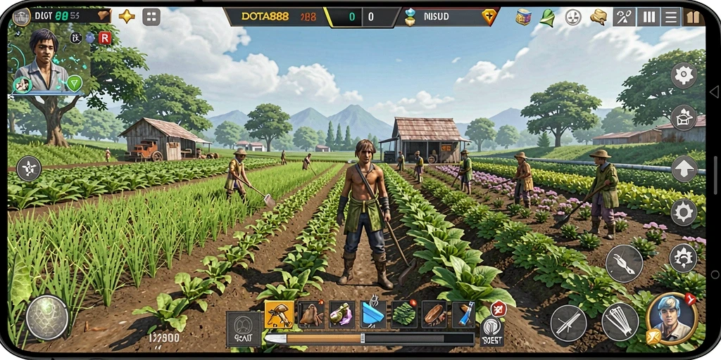 Screenshot permainan DOTA88 menampilkan keindahan lahan pertanian digital.