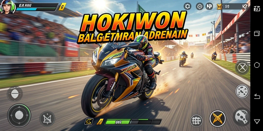 Screenshot HOKIWON menampilkan aksi balapan motor yang intens dan mengasyikkan.