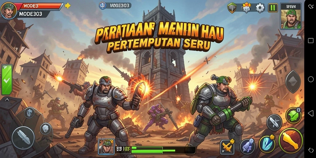 Screenshot gameplay <strong>MODE303</strong> menampilkan serangan menara melawan gelombang musuh.