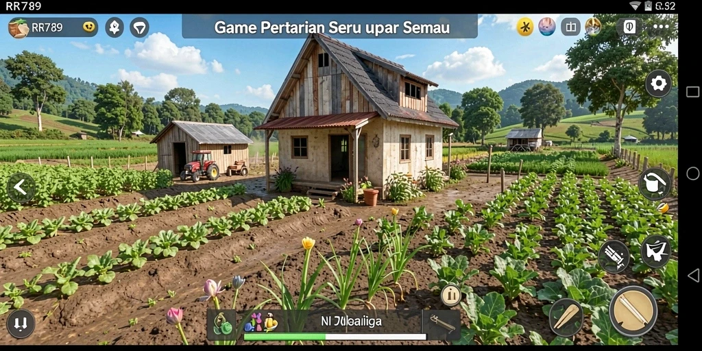 Screenshot gameplay <strong>RR789</strong> menampilkan ladang yang subur dan hewan ternak aktif.
