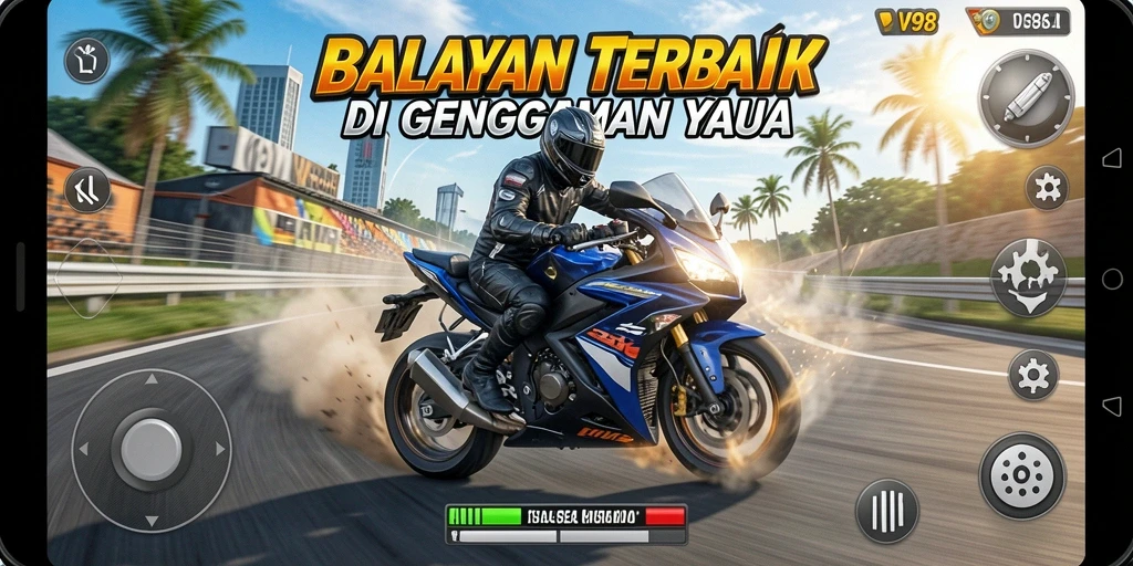 Screenshot V98 menunjukkan aksi balapan motor yang mendebarkan.