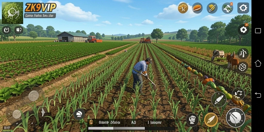Screenshot gameplay ZK9VIP menunjukkan ladang yang subur dan berwarna-warni.